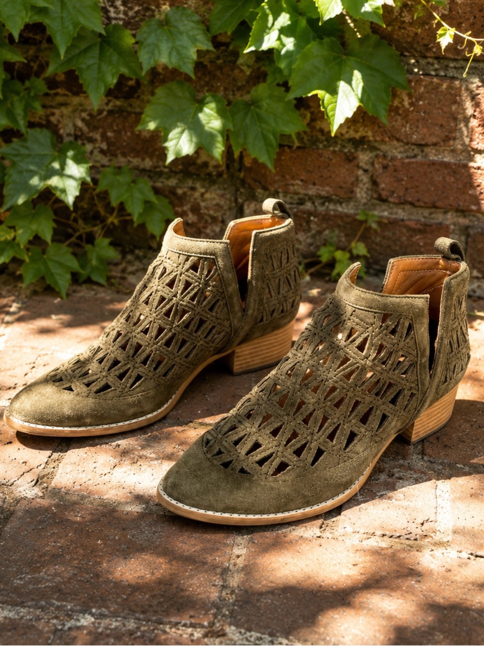 JEFFREY CAMPBELL Coastal Cowgirl Western Sagat Laser Cut Olive Suede Boots, 8.5